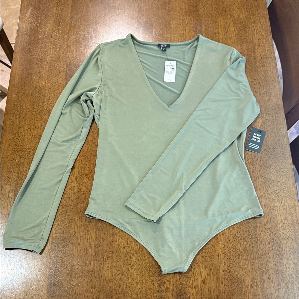 Express Olive V-Neck Long Sleeve Bodysuit